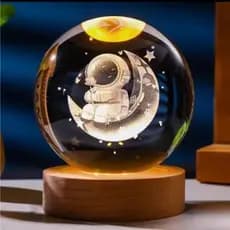 Luminária Bola Cristal 3d Base Madeira Decorativa Lua 6 Cm Abajur Leitura Noturna