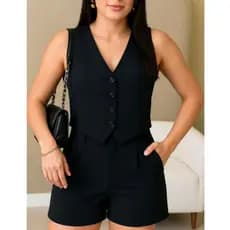 Colete Alfaiataria Feminino Social Elegante Curto Botões Social