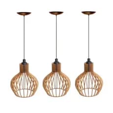 Kit com 3 Pendente Luminária De Teto Lustre de Sala / Cozinha PP em Madeira  Reforçado cru cor natural Lustre