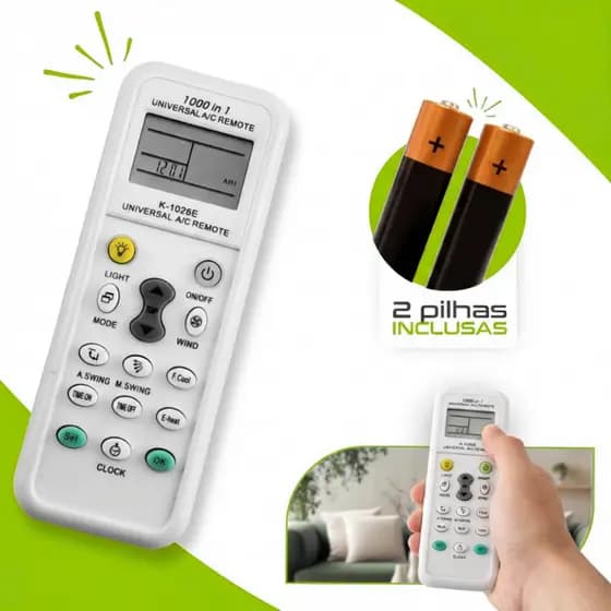 Controle Remoto Para Ar Condicionado Universal 1000 em 1 + 2 Pilhas