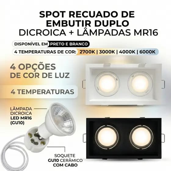 Spot De Embutir Duplo Recuado Dicroica Mr16 Preto ou Branco + Soquetes Gu10 + Lâmpadas