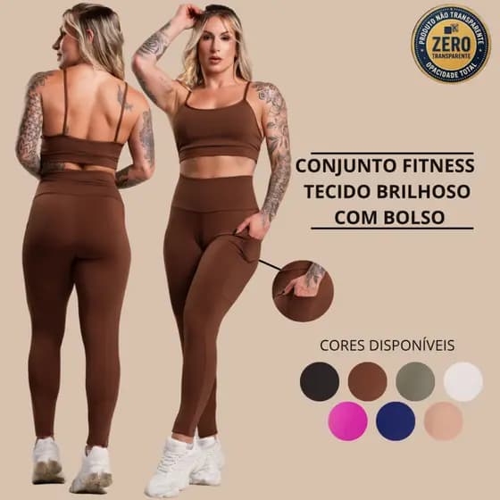 Conjunto Fitness Feminino Brilhoso Academia Top Cropped Alça e Calça Legging Com Bolso Cintura Alta Com Brilho DRB Modas