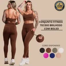 Conjunto Fitness Feminino Brilhoso Academia Top Cropped Alça e Calça Legging Com Bolso Cintura Alta Com Brilho DRB Modas