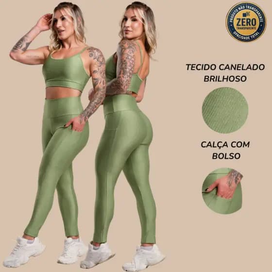 Conjunto Fitness Feminino Canelado Brilhoso Academia Top Cropped Alça E Calça Legging Com Bolso Cintura Alta DRB Modas