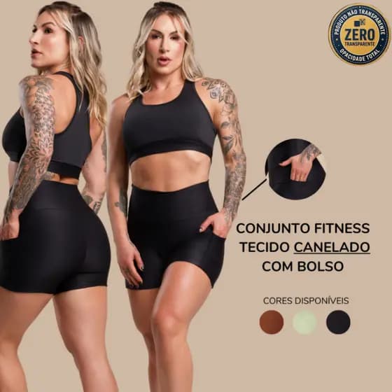 Conjunto Fitness Feminino Canelado Brilhoso Academia Top Nadador Liso e Short Com Bolso Cintura Alta Treino DRB Modas