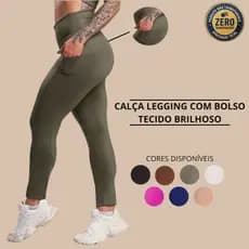 Calça Legging Feminina Com Bolso Cintura Alta Tecido Brilhoso Sem Transparência Academia Fitness Corrida Moda DRB Modas
