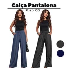 Calça Pantalona Feminina Tecido Tencel Chambray Cintura Alta P ao G3