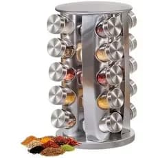 Porta Tempero Condimento Inox 20 Potes Redondo + Suporte Giratório Com Etiquetas