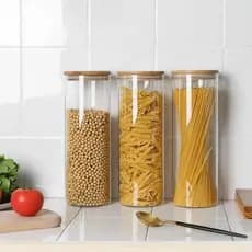 Kit 3 potes de vidro tampa de bambu herméticos redondo