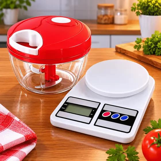Kit Balança Cozinha 10kg + Triturador Processador de Alimentos Manual Cordinha 3 Lâminas Alho Cebola