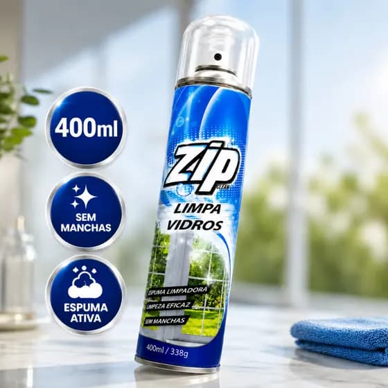 Limpa Vidros Zip 400ml Spray Removedor de Manchas Espuma Limpadora Limpeza a Seco Janelas Espelho