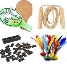 Kit 20 Brinquedos p/ Lembrancinha Infantil Prenda Atacado Dominó Raquete Corda de Pular Peteca