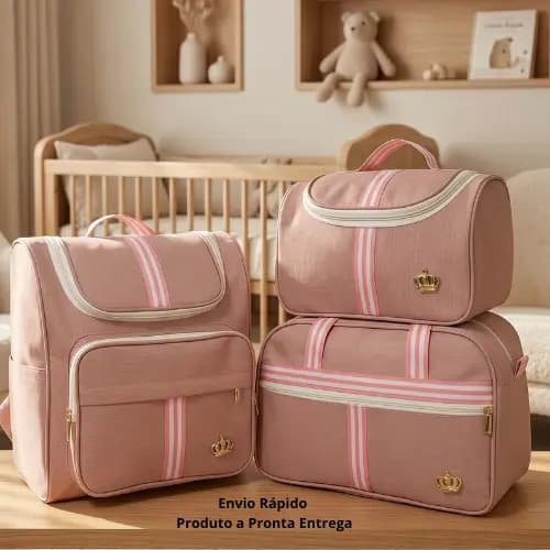 Kit Classic Rubi Bolsas Maternidade Rosa Com faixa em Listras Pink e Branco 03 peças
