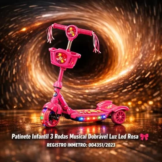 🛴Patinete Infantil 3 Rodas Musical Dobrável Luz Led Rosa🎀barato aniversario ajustavel seguro criança