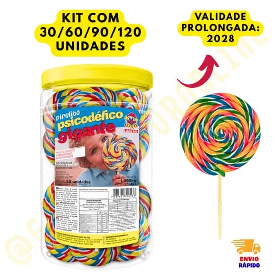 Pirulito Psicodélico Gigante Colorido Chaves 35g Pote Com 30 Unidades| Festa, Lembrancinha e Doces