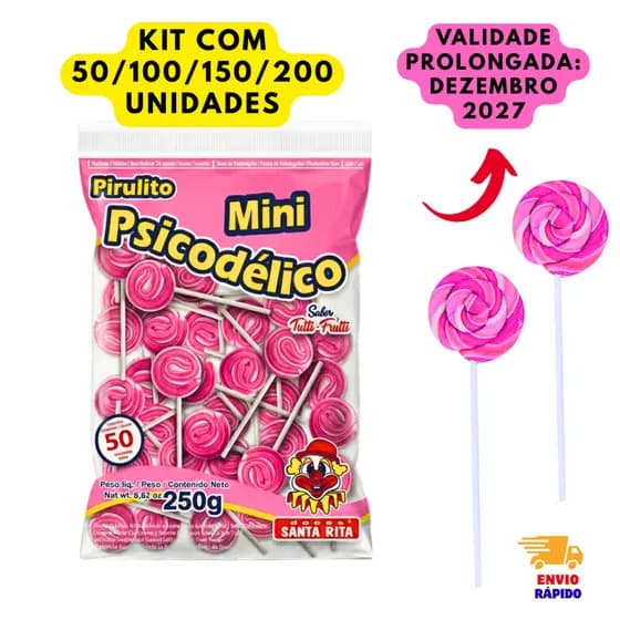 Pirulito Mini Psicodélico Rosa 250g Aprox 50 Unidades Tutti-Frutti Lembrancinha Festa Infantil Kit