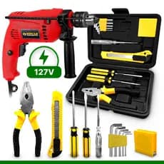 Furadeira Parafusadeira Impacto Martelete 500w C/ Kit Jogo Ferramentas 11 Peças