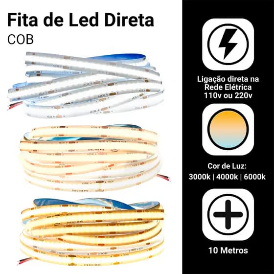 Fita Led Direta Na Energia Cob 10 Metros 110v ou 220v IP20 Não Usa Fonte