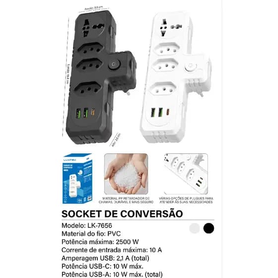 Filtro de Linha LUATEK Adaptador de Tomadas 7em1 10A Com 4 Tomada 2 USB e 1 Type C