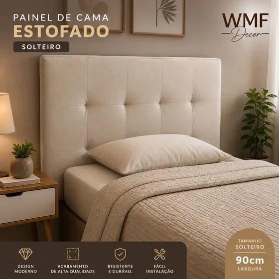 Painel de Cama Solteiro Estofado 90x60cm Cabeceira Decorativa Suede