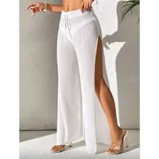 Calça de praia feminina, calça de praia branca, calça saída de praia, saída de praia vazada, saída de praia com fenda