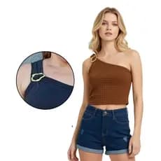 Conjunto Feminino 2 Peças  Short Jeans + Blusa Regata Nula Manga  C/ Fivela Tendência Blogueira Verão Moda Casual