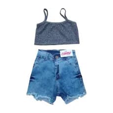 Conjunto Feminino Short Jeans + Top Cropped Malha Canelada Look Blogueira Verão Estilo Casual