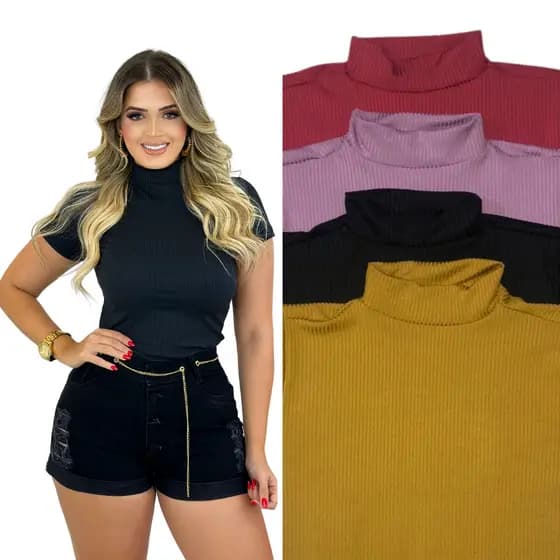 Blusinhas Feminina Canelada Gola Alta Com Manga