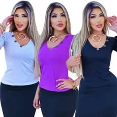 Blusa Gola V Detalhes de Botão Design Prático Valoriza a Silhueta Estilo Moderno Leve e Confortável