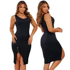 Vestido Midi Acinturado em Malha Ribana Fenda Lateral Detalhe com Botões