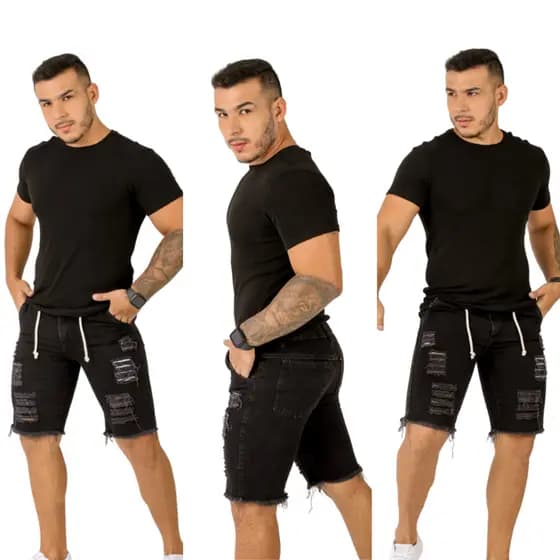 Bermuda Masculina Preta Com Barra Desfiada Destroyed