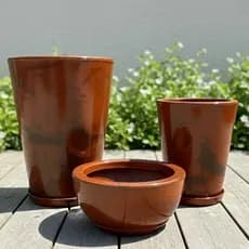 Kit 3 Vasos para Plantas em Polietileno Marmorizado Coluna Redonda N1,N2 + Bacia N1 Com Prato Coletor Ideal para Sala
