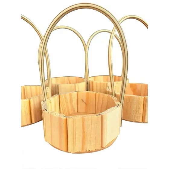 Kit 20,10 e 5 Cestas de Madeira Pinus Redonda 13cm com Alça para Presente Cosmético Chocolates Páscoa