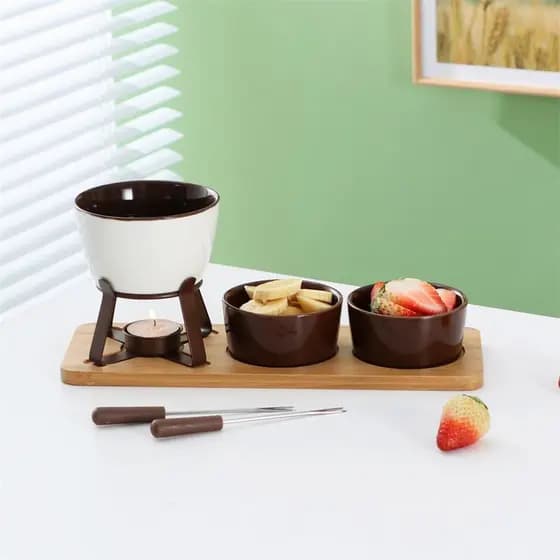 kit Conjunto De Fondue em Porcelana e Bambu Chocolate Frutas Queijos 8 Peças