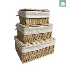 KIT COM 3 CESTOS CAIXAS ORGANIZADORAS MULTIUSO EM FIBRA NATURAL COM FORRO REMOVÍVEL