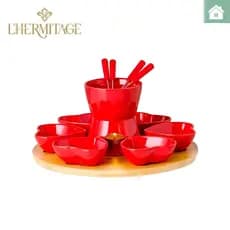 Conjunto Fondue Vermelho Em Cerâmica Detalhes Coração Para Dia dos Namorados 14 Pç