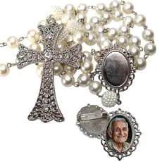 Terço de Noiva Luxo Personalizado com sua Foto + Broche Para Noivo Personalizado com sua Foto Casamento