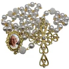 Terço De Noiva Pérolas Crucifixo Relicário Dourado Com Foto