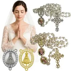 Terço De Noiva Nossa Senhora Aparecida Relicario Banhado Cor Prata Perolas com Foto Stras