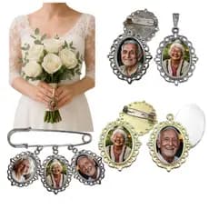 Relicário Broche Noivo Buquê de Noivas Banhado Cor Prata Dourado Luxo Com Foto