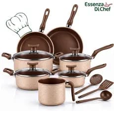 Conjunto de Panelas 10 Peças Alumínio Antiaderente Cappuccino Com Utensílios e Tampa de Vidro