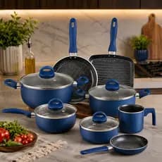 Conjunto De Panelas 08 Peças Cerâmica Antiaderente Azul Vidro Temperado Cabo Antitérmico Ergonômicos