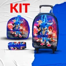Kit 3 peças Mochila de Rodinhas + Lancheira + Estojo Infantil | Sonic 3, personagens menina menino