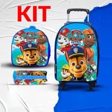 Kit 3 peças Mochila de Rodinhas + Lancheira + Estojo Infantil | Patrulha canina personagens menino