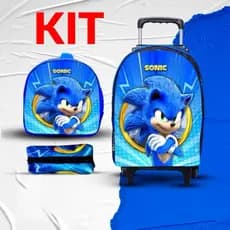 Kit 3 peças Mochila de Rodinhas + Lancheira + Estojo Infantil | Sonic, personagens menina menino