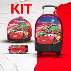 Kit 3 peças Mochila de Rodinhas + Lancheira + Estojo Infantil | Carros personagens menino