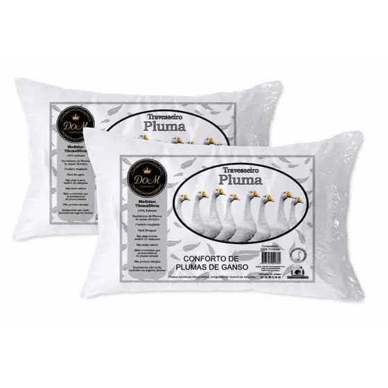 Kit 2 Travesseiro Pluma de Ganso Alta Maciez Antialérgico Lavável 70x50