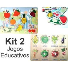 Kit 2 Brinquedos Tabuleiro Mdf Jogo Educativo Encaixe Alimentos Cores Formatos Quebra Cabeça