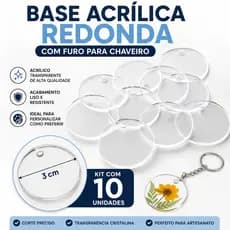 Base Acrílica Redonda 3cm com Furo (10 Unidades) para Chaveiro, Lembrancinhas e Artesanato
