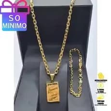 Kit Corrente e Pulseira Masculina Gominho com Pingente "Tudo Posso" - Aço Inoxidável 316L Dourado